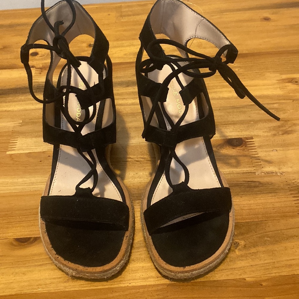 Pelle Moda Black Faux Suede Lace Up Espadrille Wedges